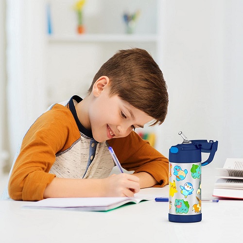 THERMOS FUNTAINER 12 Ounce Stainless Steel Vacuum Insulated Kids Straw Bottle, Pokemon