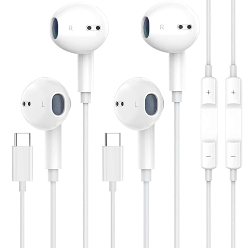 DisRun 2 Packs USB C Headphones for iPhone 15 Earbuds HiFi Stereo USB C Earphones with Microphone & Volume Control for iPad Pro Pixel 7 6 6a 5 4 Galaxy S23