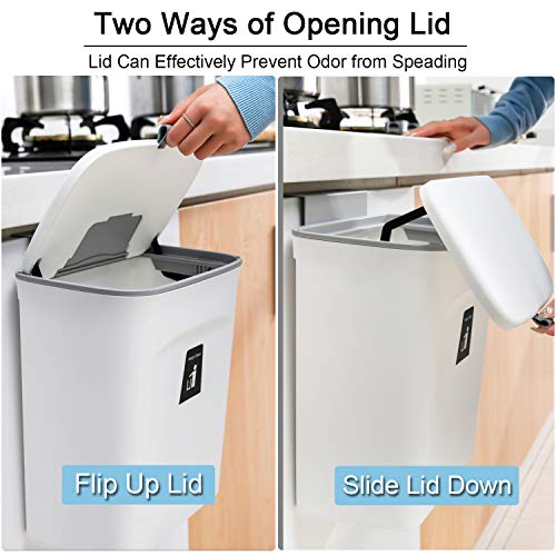 Tiyafuro 2.4 Gallon Kitchen Compost Bin for Counter Top or Under Sink, Hanging Small Trash Can with Lid for Cupboard/Bathroom/Bedroom/Office/Camping, Mountable Indoor Compost Bucket, White