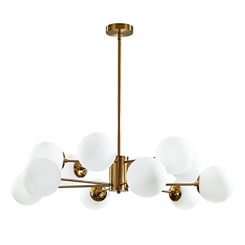 KCO Lighting 12-Light Glass Globe Sputnik Chandelier Light Fixture Mid Century Modern Chandeliers Brushed Brass Chandelier Milk White Glass Ceiling Light Fixture (Gold+White)