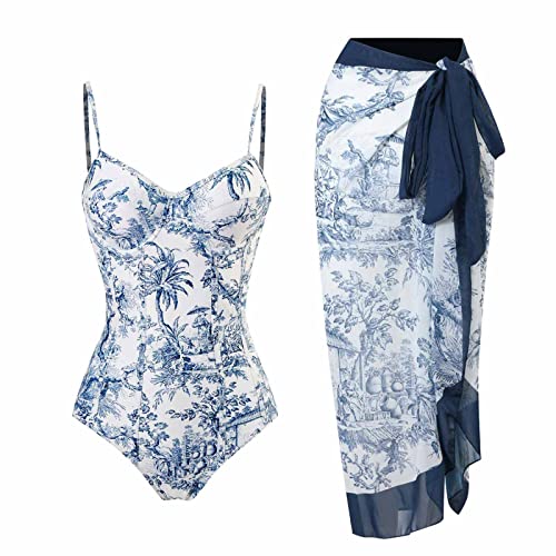 Cbcbtwo One Piece Bathing Suit for Women with Bikini Maxi Wrap Skirts 2 Piece Floral Print Swimsuit Tummy Control Tankini Set