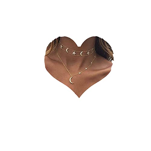 Chargances Bohemia Gold Moon and Stars Necklace for Women Fashion Gold Choker Necklace Delicate Moon Stars Jewelry for Women and Girls