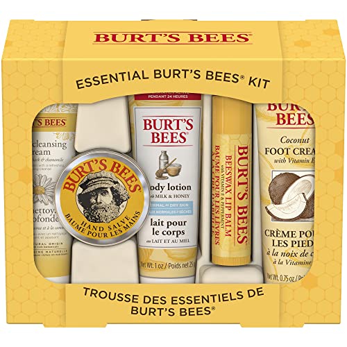 Burt's Bees Christmas Gifts, 5 Stocking Stuffers Products, Everyday Essentials Set - Original Beeswax Lip Balm, Deep Cleansing Cream. Hand Salve, Body Lotion & Foot Cream, Travel Size