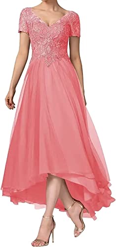 Short Sleeves Mother of The Bride Dresses for Women Lace Appliques V Neck High-Low Formal Wedding Party Prom Dress Coral