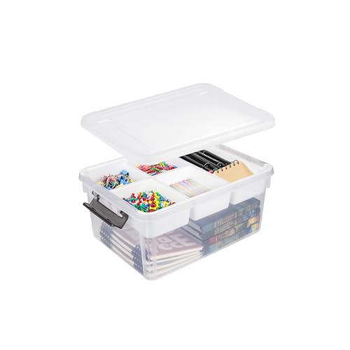 17 QT Plastic Storage Bin with Lid, Clear Organizing Container with Removable Tray, Multipurpose Stackable Storage Box for Home, Office and School Supplies