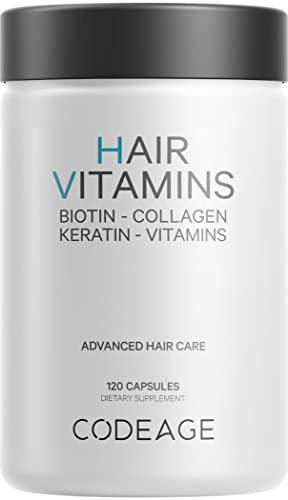 Codeage Hair Vitamins 10000 mcg Biotin, Keratin, Collagen, Vitamin A, B12, C, D3, E, Zinc, Inositol - Hair Care Support for Strength, Thickness Growth - Healthy Hair Supplement Pills - 120 Capsules