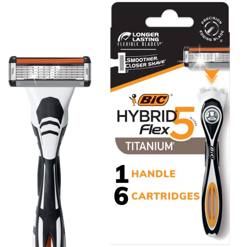 Back packaging view of BIC Flex 5 Hybrid men's disposable razor set showing product barcode, recycling info, and technical specs for the 7-piece kit.