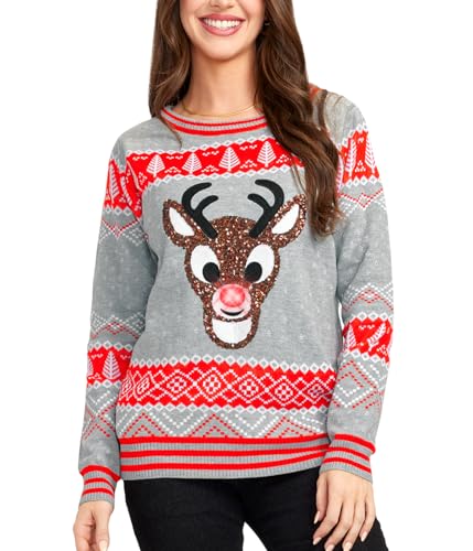 Tipsy Elves Bright Womens Sequin Rudolph Light Up Ugly Gray Christmas Sweater for Holiday Parties Size X Small