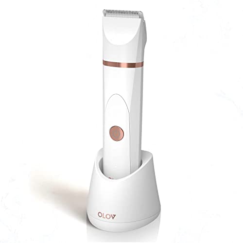 Woman using OLOV trimmer on bikini line, showcasing smooth results