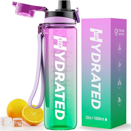 Mevoly Water Bottle, 32oz Motivational Sports Water Bottle with Time Marker-Tritan & BPA Free, Clear Water Bottle No Straw with Time to Drink & Strap, Wide Mouth Leakproof for Women Men Gym Fitness