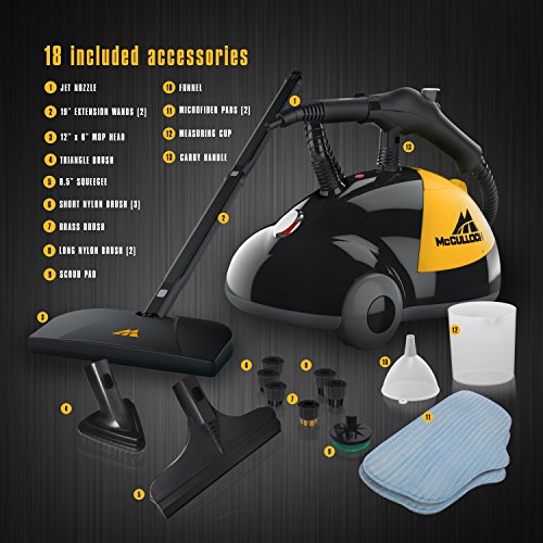 McCulloch MC1275 Heavy-Duty Steam Cleaner with 18 Accessories, Extra-Long Power Cord, Chemical-Free Pressurized Cleaning for Most Floors, Counters, Appliances, Windows, Autos, and More, Yellow/Grey