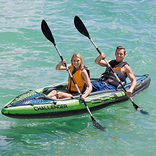 Intex Challenger K2 Kayak, 2-Person Inflatable Kayak Set with Aluminum Oars and High Output Air-Pump, Grey/Blue (68306NP)
