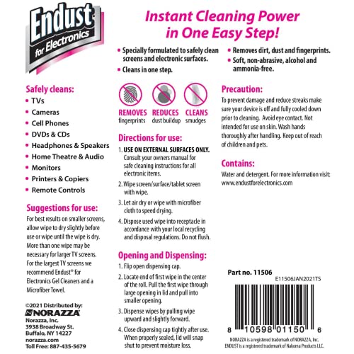 Endust for Electronics, Surface cleaning wipes, Great LCD and Plasma wipes, 70 Count (11506)