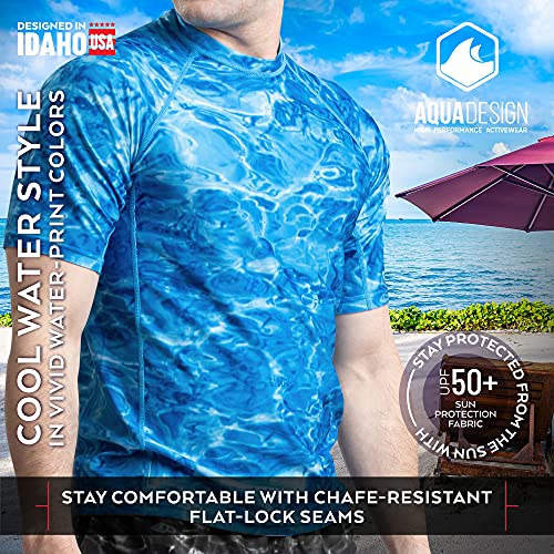 Aqua Design Mens Rash Guard Sun Shirt: Short Sleeve Swim Top Rashguard for Men: Royal Ripple: Size X-Large
