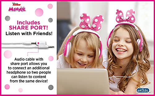 eKids Minnie Mouse Kids Headphones, Adjustable Headband, Stereo Sound, 3.5Mm Jack, Wired Headphones for Kids, Tangle-Free, Volume Control, Childrens Headphones Over Ear for School Home, Travel (MM-140.3Xv7)