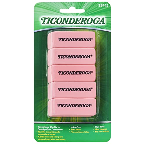 TICONDEROGA Pink Carnation Erasers, Wedge, Medium, Pink, 5-Pack (38945)