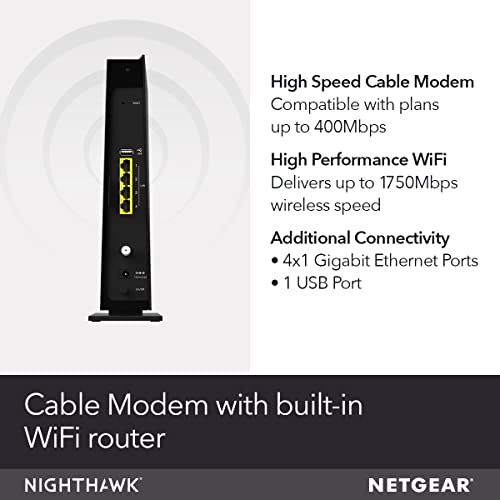 NETGEAR Cable Modem WiFi Router Combo C6300 | Compatible with Cable Providers Including Xfinity by Comcast, Spectrum, Cox for Cable Plans Up to 400Mbps | AC1750 WiFi Speed | DOCSIS 3.0