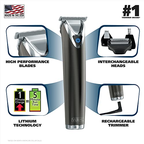 Wahl Stainless Steel Lithium Ion 2.0+ Slate Beard Trimmer for Men - Electric Shaver, Nose Ear Trimmer, Rechargeable All in One Men's Grooming Kit - Model 9864