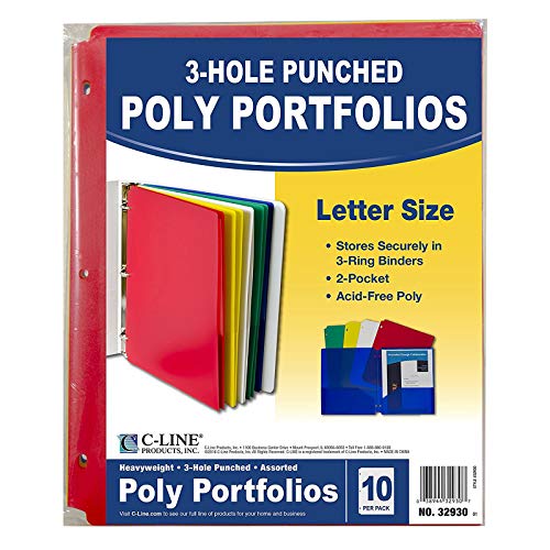 C-Line Two-Pocket Heavyweight Poly Portfolio with 3-Hole Punch, Assorted Colors, Pack of 10 (32930)