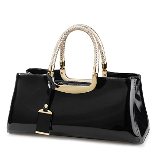 Glossy Faux Patent Leather Structured Shoulder Handbag Women Evening Party Satchel (Red)