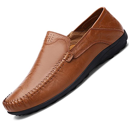 Go Tour Men's Premium Genuine Leather Casual Slip On Loafers Breathable Driving Shoes Fashion Slipper Brown 10/45