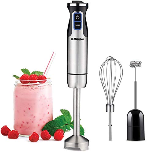 Mueller Ultra-Stick 500 Watt 9-Speed Immersion Multi-Purpose Hand Blender Heavy Duty Copper Motor Brushed 304 Stainless Steel With Whisk, Milk Frother Attachments