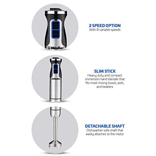 Mueller Ultra-Stick 500 Watt 9-Speed Immersion Multi-Purpose Hand Blender Heavy Duty Copper Motor Brushed 304 Stainless Steel With Whisk, Milk Frother Attachments