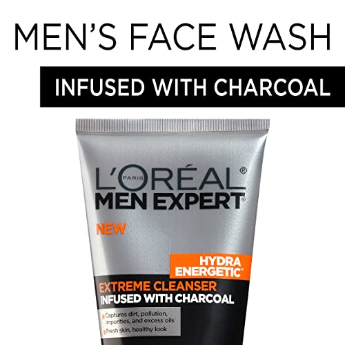 L'Oreal Men Expert Hydra Energetic Facial Cleanser with Charcoal for Daily Face Washing, Mens Face Wash, Beard and Skincare for Men, 2 ct.