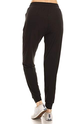 Leggings Depot Women's Relaxed fit Jogger Track Cuff Sweatpants with Pockets-JGA-Black-M