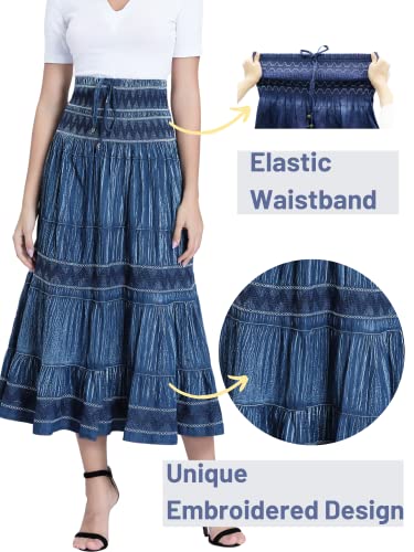 DREFBUFY Maxi Skirt Womens High Waist Pleated Tiered Long Skirts, Denim Look with Elastic Waistband, Casual Style Midi Dress for Women, Multi Wearing Styles (Blue15, Large)