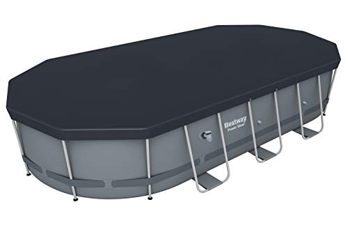 Bestway 56711E Power Steel 18' x 9' x 48" Outdoor Oval Frame Above Ground Swimming Pool Set with 1500 GPH Cartridge Filter Pump, Cover, & Ladder, Gray