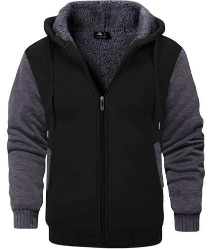 GEEK LIGHTING Hoodies for Men Heavyweight Fleece Sweatshirt - Full Zip Up Thick Sherpa Lined, Black/Gray XXL