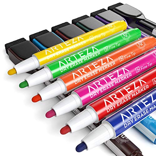 Arteza Magnetic Dry Erase Markers with Eraser, Pack of 24, Fine Tip, 12 Assorted Colors with Low-Odor Ink, Whiteboard Pens, Office Supplies for School, Office, or Home