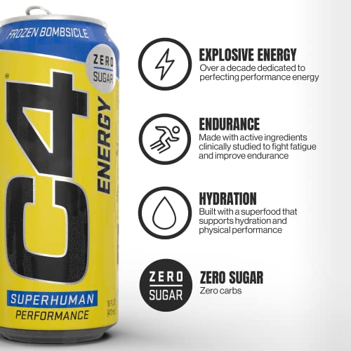 C4 Energy Drink 12oz (Pack of 12) - Frozen Bombsicle - Sugar Free Pre Workout Performance Drink with No Artificial Colors or Dyes