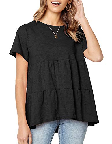 Defal Women Summer Causal Short Sleeve Flare Swing Top T Shirt Babydoll Waistline Tee(Black,S)