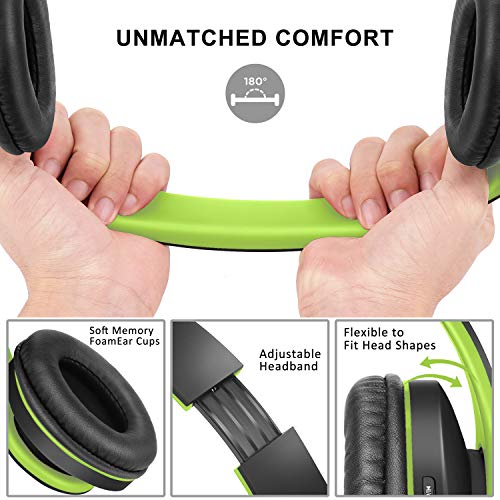 Bluetooth Headphones Over-Ear, Zihnic Foldable Wireless and Wired Stereo Headset Micro SD/TF, FM for Cell Phone,PC,Soft Earmuffs &Light Weight for Prolonged Wearing(Black/Green)