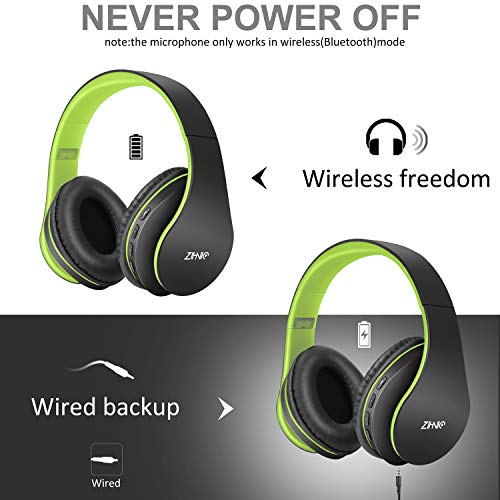 Bluetooth Headphones Over-Ear, Zihnic Foldable Wireless and Wired Stereo Headset Micro SD/TF, FM for Cell Phone,PC,Soft Earmuffs &Light Weight for Prolonged Wearing(Black/Green)