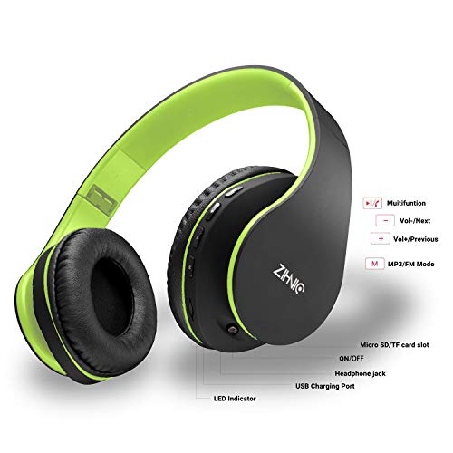 Bluetooth Headphones Over-Ear, Zihnic Foldable Wireless and Wired Stereo Headset Micro SD/TF, FM for Cell Phone,PC,Soft Earmuffs &Light Weight for Prolonged Wearing(Black/Green)