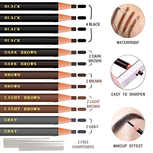 Waterproof Eyebrow Pencils Brow Pencil Set For Marking, Filling And Outlining, Tattoo Makeup And Microblading Supplies Kit-Permanent Eye Brow Liners In, 12Pcs 5Colors(4Black6Brown2Gray）(Multicolor)