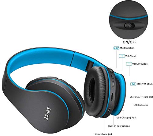 Bluetooth Headphones Over-Ear, Zihnic Foldable Wireless and Wired Stereo Headset Micro SD/TF, FM for Cell Phone,PC,Soft Earmuffs &Light Weight for Prolonged Wearing (Black/Blue)