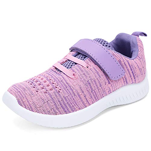 nerteo Girls Running Shoes, Casual Comfort Walking Sneakers for Kids, Strap Tennis Shoes Purple/Pink 13 M US Little Kid