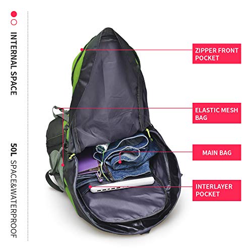 50L Lightweight Water Resistant Hiking Backpack,Outdoor Sport Daypack Travel Bag for Climbing Camping Touring (Green - No Shoe Compartment)