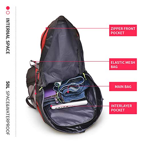 50L Lightweight Water Resistant Hiking Backpack,Outdoor Sport Daypack Travel Bag for Climbing Camping Touring (Red - No Shoe Compartment)