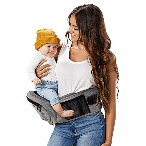 TushBaby - Safety-Certified Hip Seat Baby Carrier - Mom’s Choice Award Winner, Seen on Shark Tank, Ergonomic Carrier & Extenders for Newborns & Toddlers (Carrier, Grey)