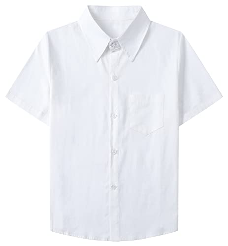 SANGTREE Boy's Short Sleeve Button Down Shirts Summer Dress Shirts for Boy White, 7-8 Years = Tag 140