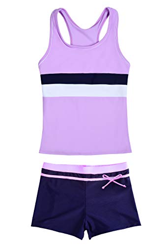 JerrisApparel Little Girls' Summer Two Piece Boyshort Tankini Kids Swimsuit (14-15/Tag Size 5XL, Purple)