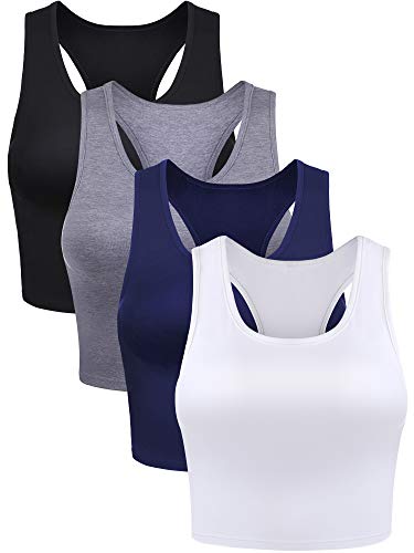 Boao 4 Pieces Basic Crop Tank Tops Sleeveless Racerback Crop Top for Women(Black, White, Dark Grey, Navy Blue,Medium)