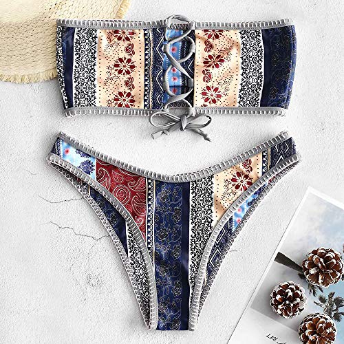 ZAFUL Women's Bathing Suit Adjustable Back Lace-up Bandeau Bikini Set (M, Multi-A)
