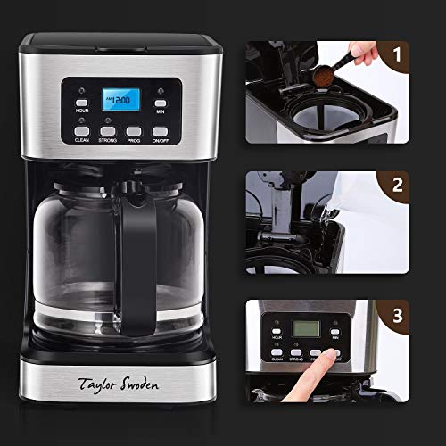 Programmable Coffee Maker, 4-12 Cups Drip Coffee Machine with Glass Carafe, Regular & Strong Brew, Pause & Serve for Home and Office, Taylor Swoden