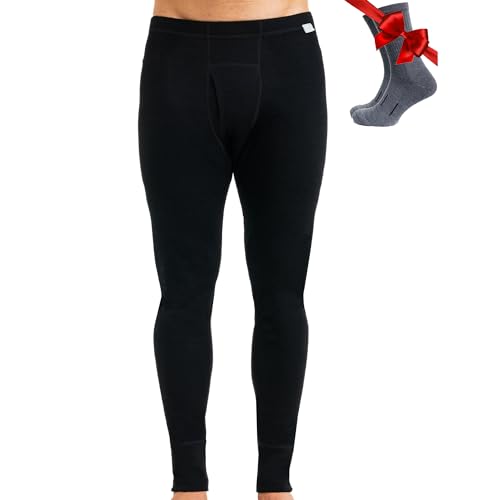 Merino Wool Base Layer Mens Bottom Pants 100% Merino Wool Midweight Thermal Underwear Long Johns + Wool Socks (Large, Black 250)